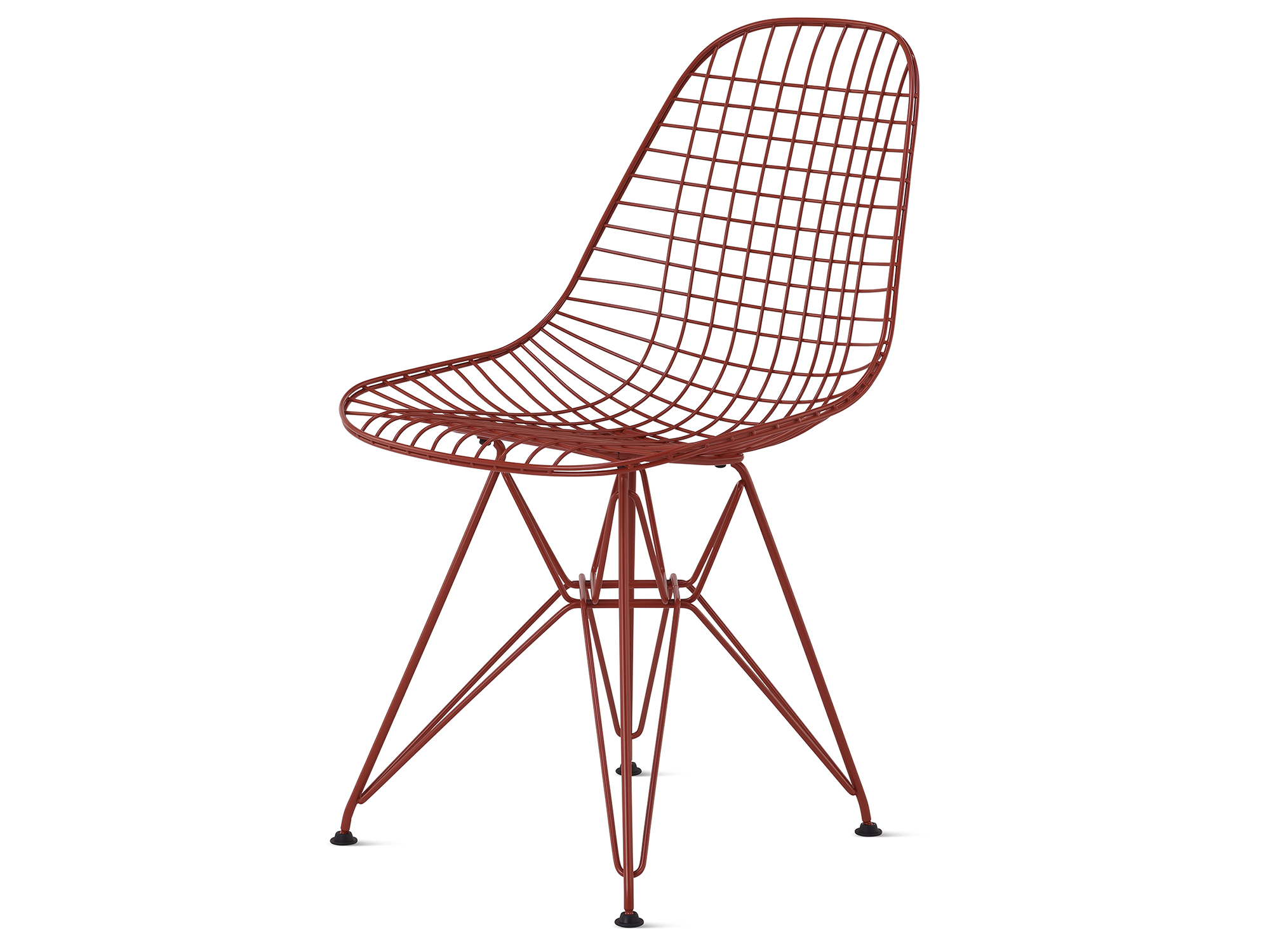 Front angle view of iron red wire chair with wire base